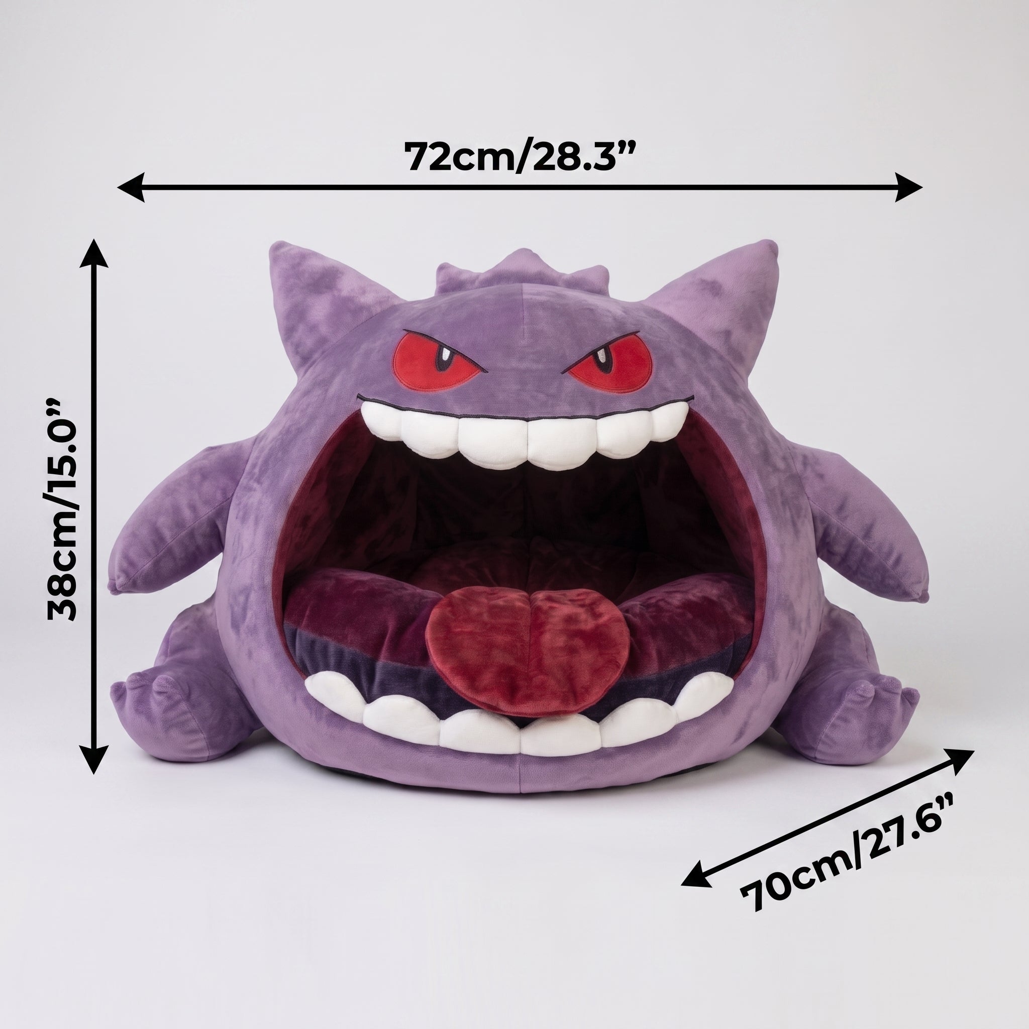 Purple monster cave pet bed with an open mouth design, white felt teeth, and soft red cushion.