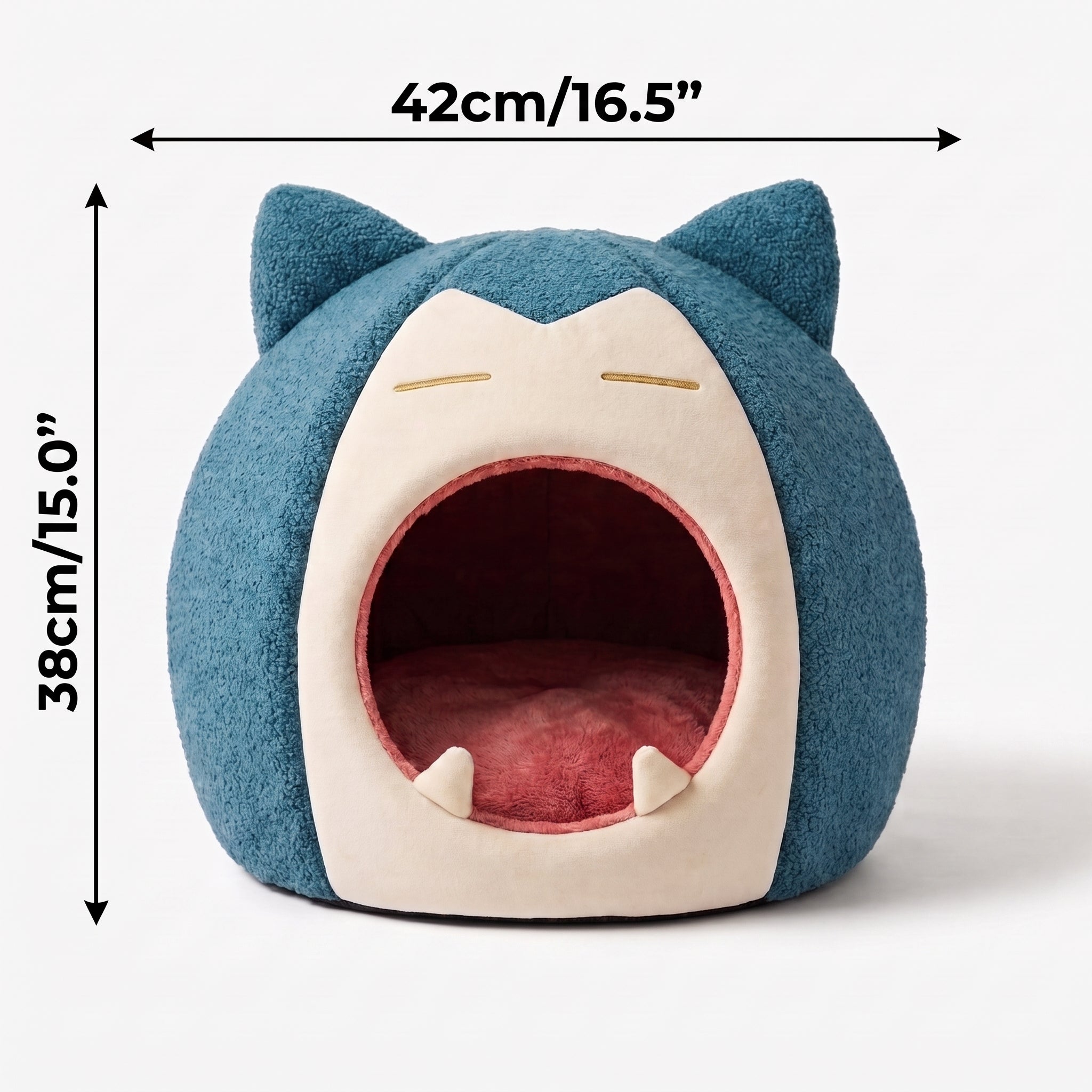 Blue and white spherical cat cave bed monster with round entrance, beige plush interior