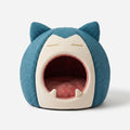 Blue and white spherical cat cave bed monster with round entrance, beige plush interior