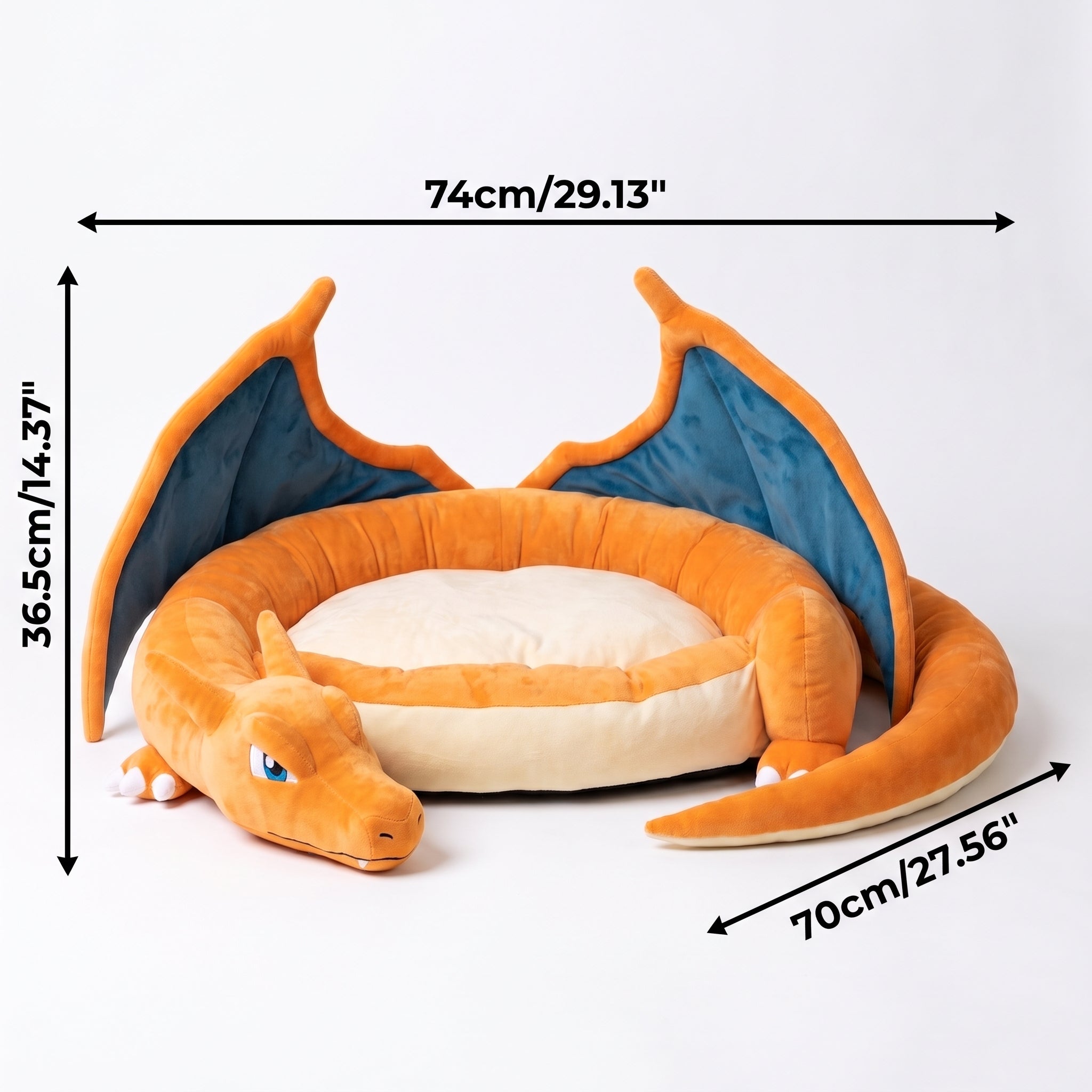 Orange winged dragon plush dog bed with soft raised bolster edges and cozy cushion. The image has dimensions.