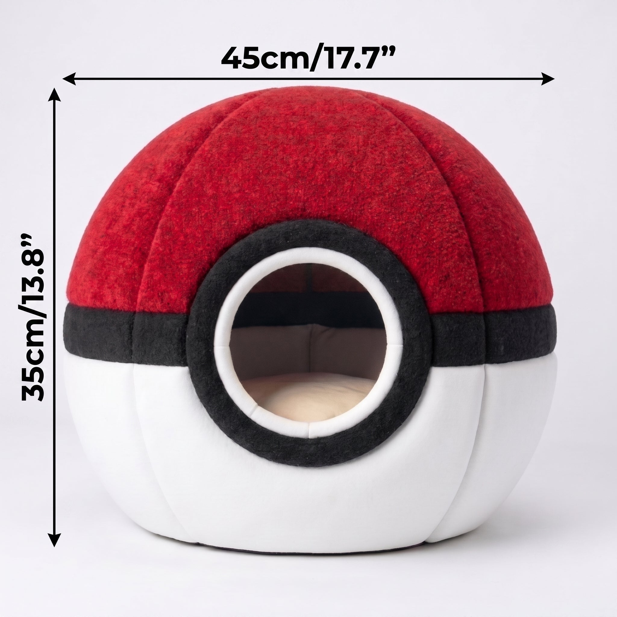 Red and white spherical cat cave bed with black center band and round entrance, beige plush interior
