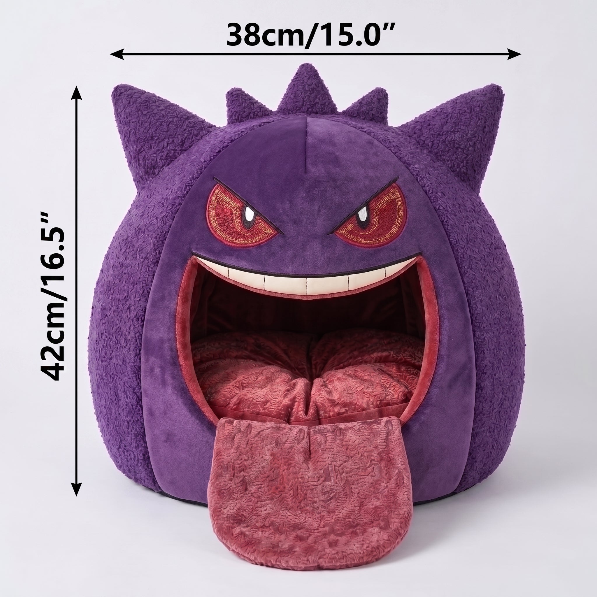 Purple and red spherical cat cave monster bed with tongue and round entrance, redish-beige plush interior