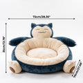 Round blue and beige sleepy chubby monster plush pet bed with deep center cushion. This image has dimension lines.