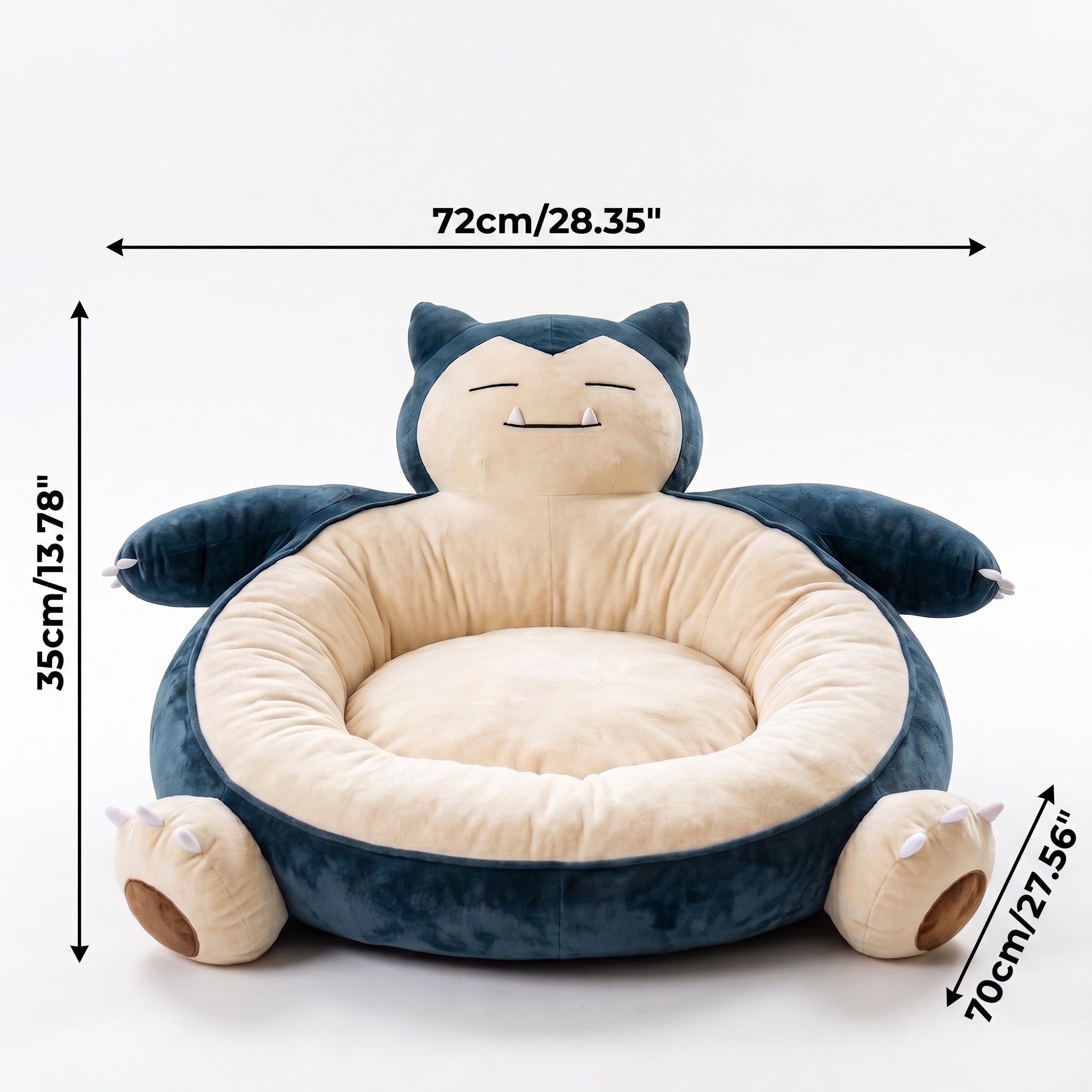 Round blue and beige sleepy chubby monster plush pet bed with deep center cushion. This image has dimension lines.