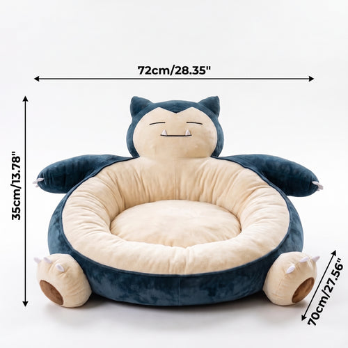 Round blue and beige sleepy chubby monster plush pet bed with deep center cushion. This image has dimension lines.