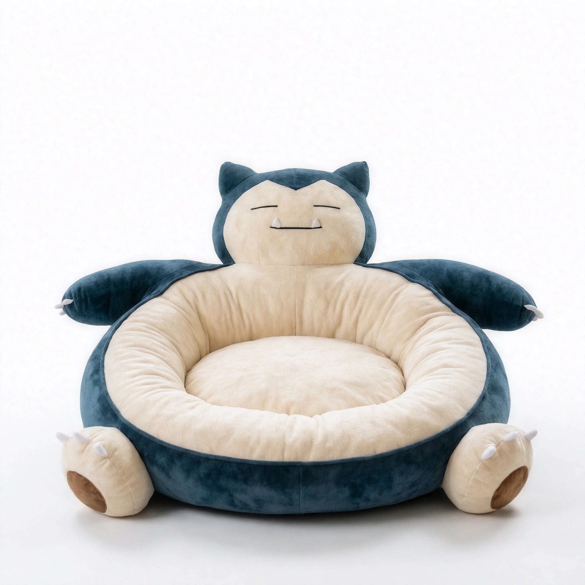 Round blue and beige sleepy chubby monster plush pet bed with deep center cushion.