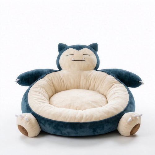 Round blue and beige sleepy chubby monster plush pet bed with deep center cushion.