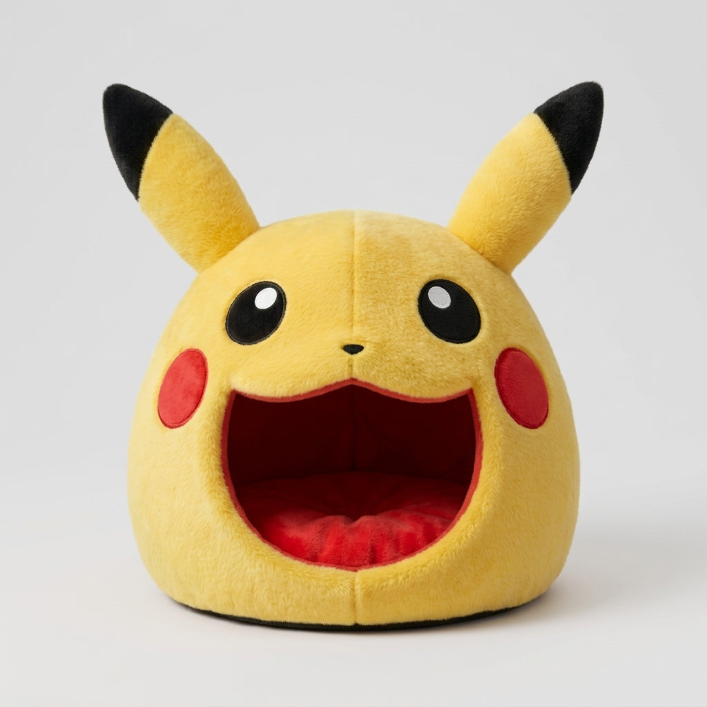 A yellow-red cat cave bed in a cute rat format, round shape and cozy interior.
