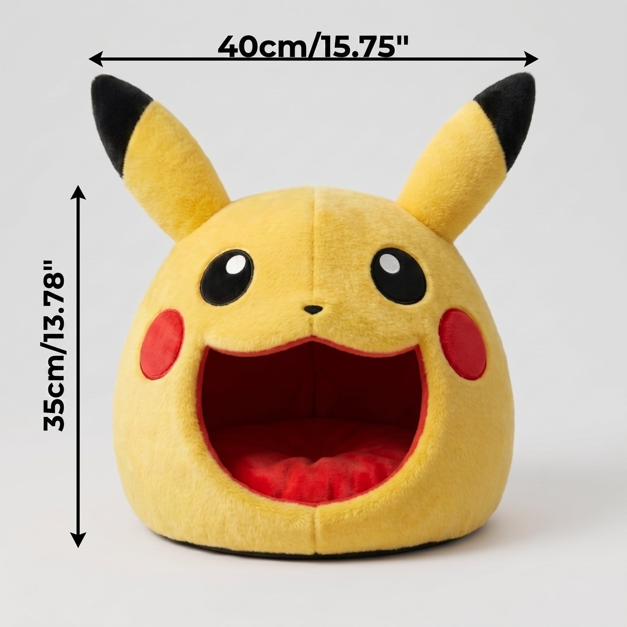 A yellow-red cat cave bed in a cute rat format, round shape and cozy interior.